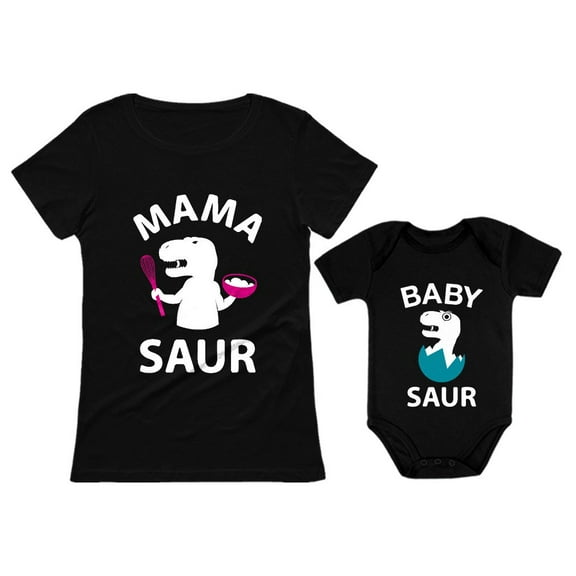 Mama Saur T-Rex Mom and Baby Saur Matching Outfit Mommy and Me Matching Set Mom Black Large / Baby Black 12M (6-12M)