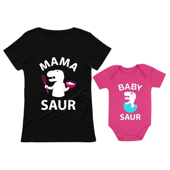 Mama Saur T-Rex Mom and Baby Saur Matching Outfit Mommy and Me Matching Set Mom Black Small / Baby Wow pink 12M (6-12M)