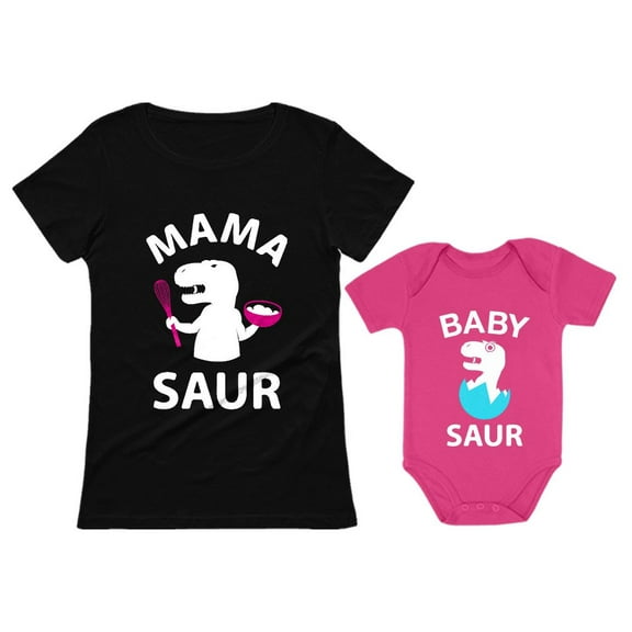 Mama Saur T-Rex Mom and Baby Saur Matching Outfit Mommy and Me Matching Set Mom Black XX-Large / Baby Wow pink 24M (18-24M)