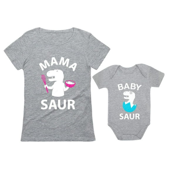 Mama Saur T-Rex Mom and Baby Saur Matching Outfit Mommy and Me Matching Set Mom Gray Medium / Baby Gray 6M (3-6M)
