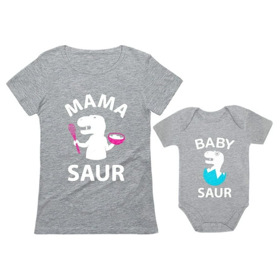 Mama Saur T-Rex Mom and Baby Saur Matching Outfit Mommy and Me Matching Set Mom Gray Small / Baby Gray 24M (18-24M)