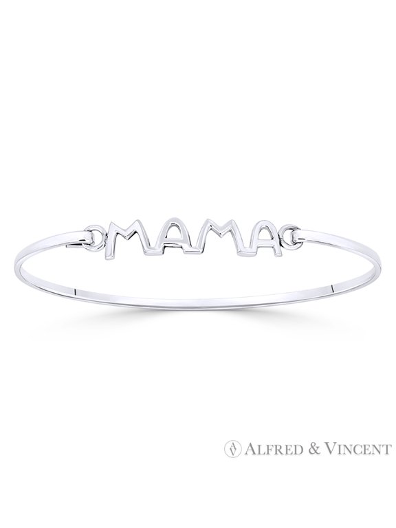 "Mama" Script Motherhood Charm Closed Cuff Bangle Bracelet in .925 Sterling Silver
