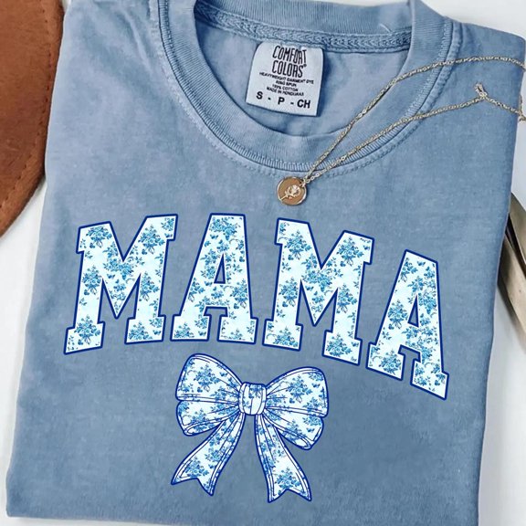 Mama Shirt, Blue Ribbon Shirt, Mothers Day Gift, Girly Aesthetic Gift For Mom, Cute Mom Shirt, Bow Shirt, Chinoiserie Shirt Unisex S-5XL Hot Trending Shirt, Vintage Birthday Gift