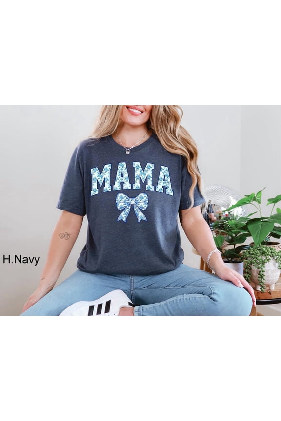 Mama Shirt, Blue Ribbon Shirt, Mothers Day , Girly Aesthetic Mom, Cute Mom Shirt, Bow Shirt, Chinoiserie Shirt, Toile Bow Shirt