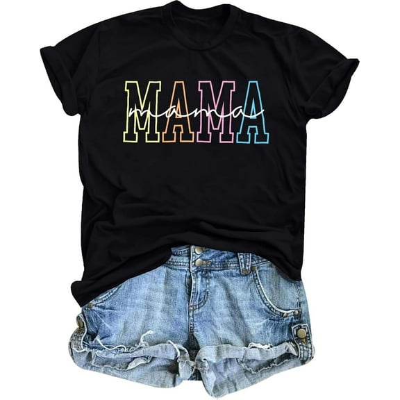 Mama Shirts for Women Mama Letters Print T Shirt Funny Mom Graphic Tees Shirt Casual Mothers Gift Top