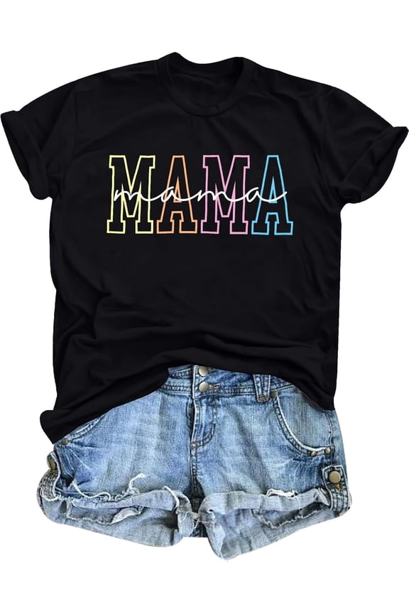 Mama Shirts for Women Mama Letters Print T Shirt Funny Mom Graphic Tees Shirt Casual Mothers Gift Top