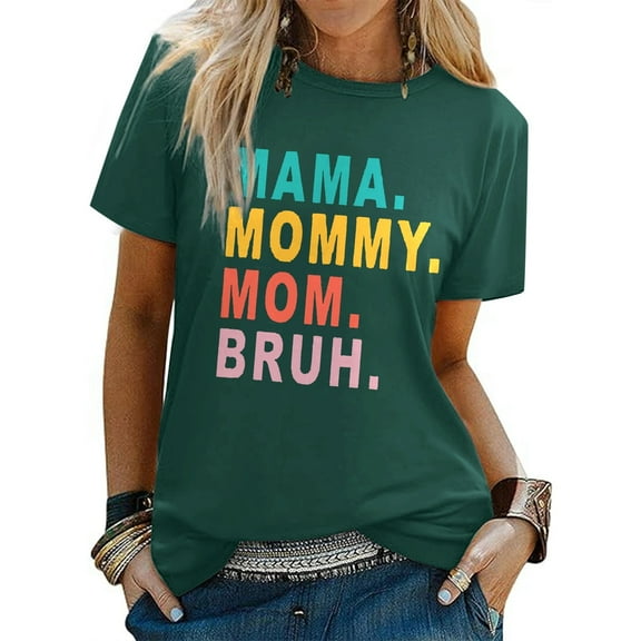 Mama Short Sleeved Women's Letter Printed Round Neck Casual T Shirt 4 Long Sleeved Women's Shirts Womens Tops And Tees Summer T Shirts Womens Top Extra Long Tops Exercise Women Women Workout Shirt