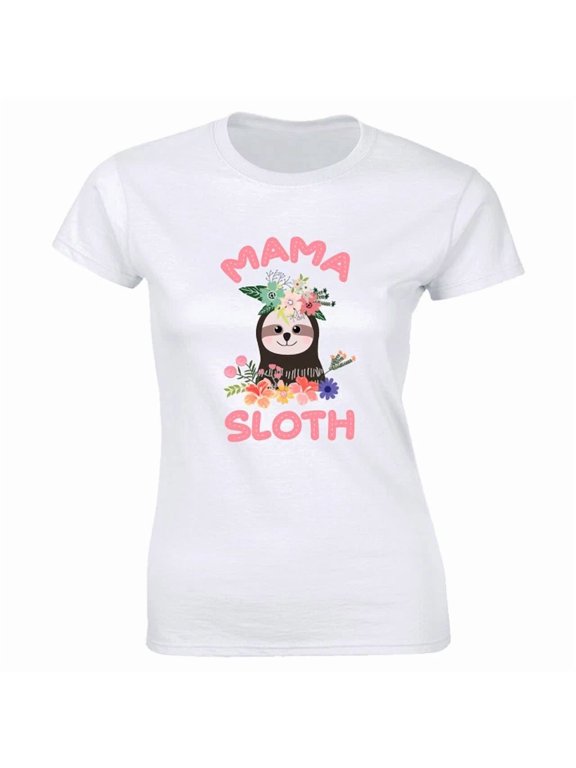 Mama Sloth With Flowers Mothers Day Graphic Gift Design Style Women T-Shirt