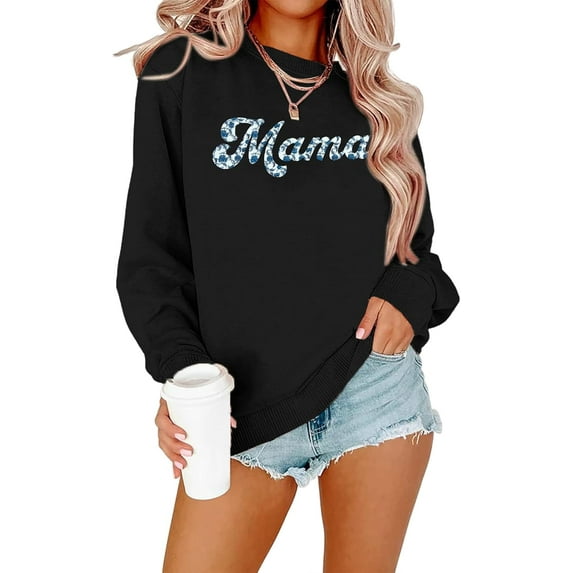 Mama Sweatshirts for Women Mom Sweatshirt Bow Graphic Pullover Crewneck Long Sleeve Shirt