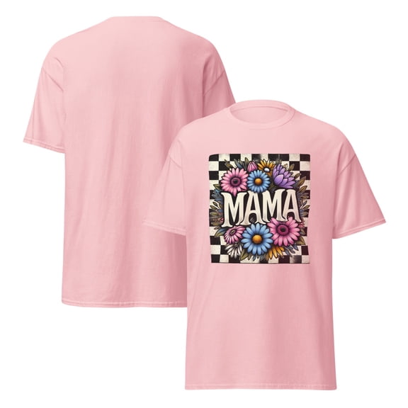 Mama T-Shirt, Mother's Day Checkered Print, Floral Tee (Light Pink, L)