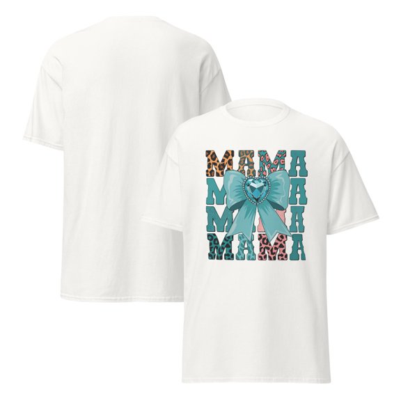 Mama T-Shirt, Teal Coquette Bow, Leopard Print, Western Style Tee, Mother's Day (White, S)