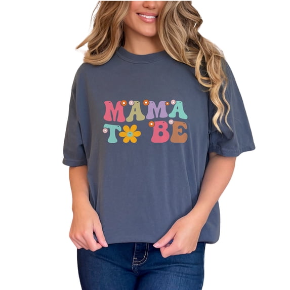 Mama To Be, Pregnant Wife or New Mom Themed, Groovy Retro Wavy Text, Denim Comfort Colors T-Shirt, XL