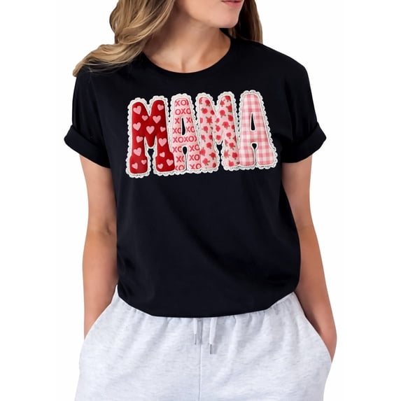 Mama Valentine's Day Retro Mama Coquette Bows Graphic T-Shirt for Women, Casual Short Sleeve Crew Neck Tee