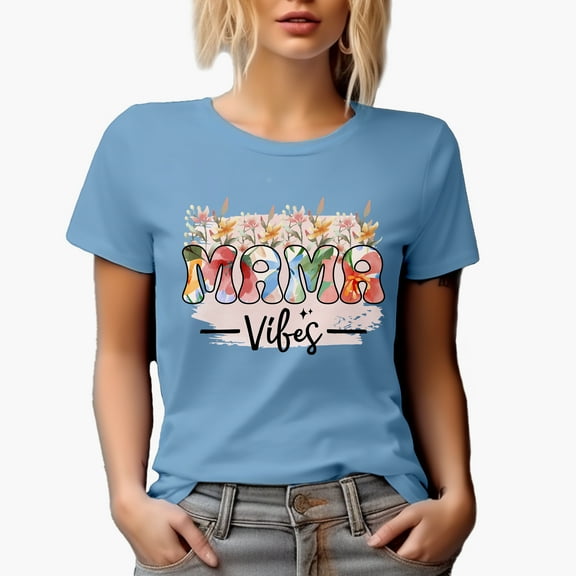 Mama Vibes with Flowers, Baby Blue T-Shirt, Small