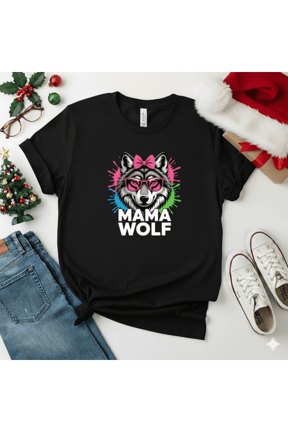 Mama Wolf Graphic Unisex T-Shirt - Cute Wolf Mom with Bow Sunglasses, S-5XL