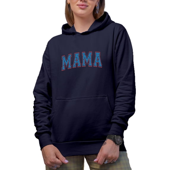 Mama Word with USA Flag Stars Art, 4th of July Merch Gift, Navy Blue Hooded Sweatshirt or Hoodie, Medium