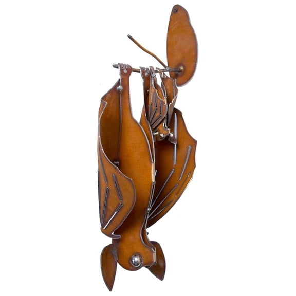 Mama and Baby Bat Rustic Hanging Metal Garden Sculpture, XL Size (Facing Right)