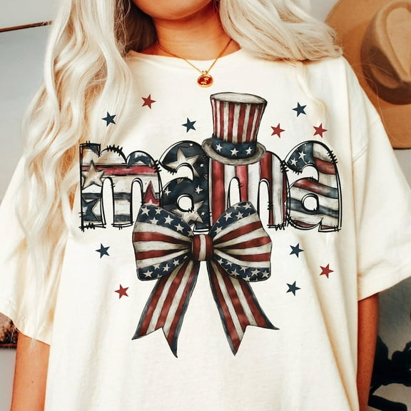 Mama and Mini 4th of July Coquette T-Shirt – Matching Family Tee Set with Bow and USA Flag Style