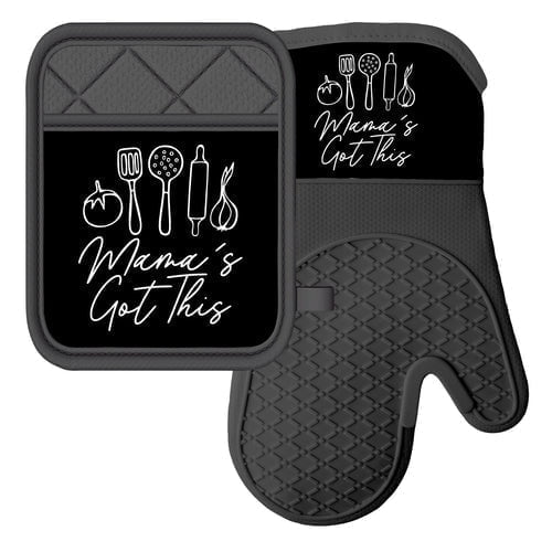 African American Expressions - Mama's Got This Mitt Set - Oven Mitt 7"x13"/Pot Holder 7"x9" Silicone Set, KM-13 Matching Apron Sold Separately