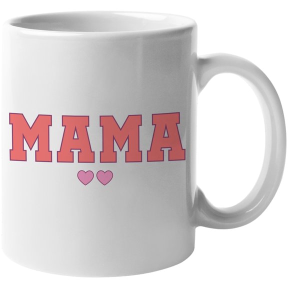 Mama in College or Varsity Font with Hearts, Mother's Day Merch Gift, White 11oz Ceramic Mug