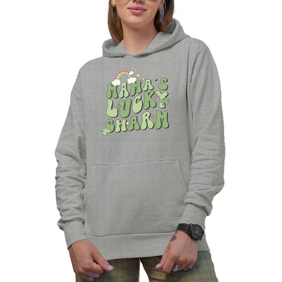 Mama's Lucky Charm, Groovy Wavy Text St. Patrick's Day Art Merch Gift, Heather Grey Hooded Sweatshirt or Hoodie, Large