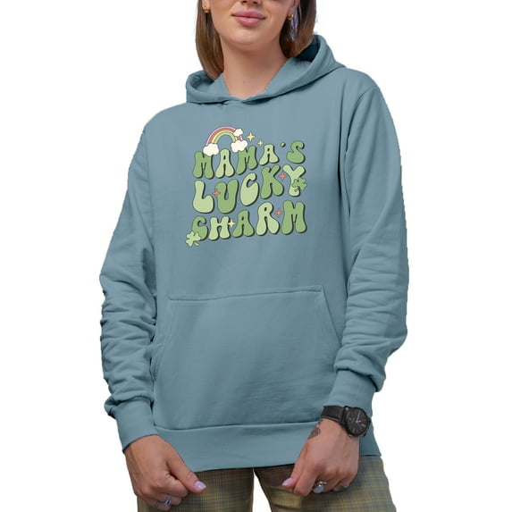 Mama's Lucky Charm, Groovy Wavy Text St. Patrick's Day Art Merch Gift, Light Blue Hooded Sweatshirt or Hoodie, 3XL