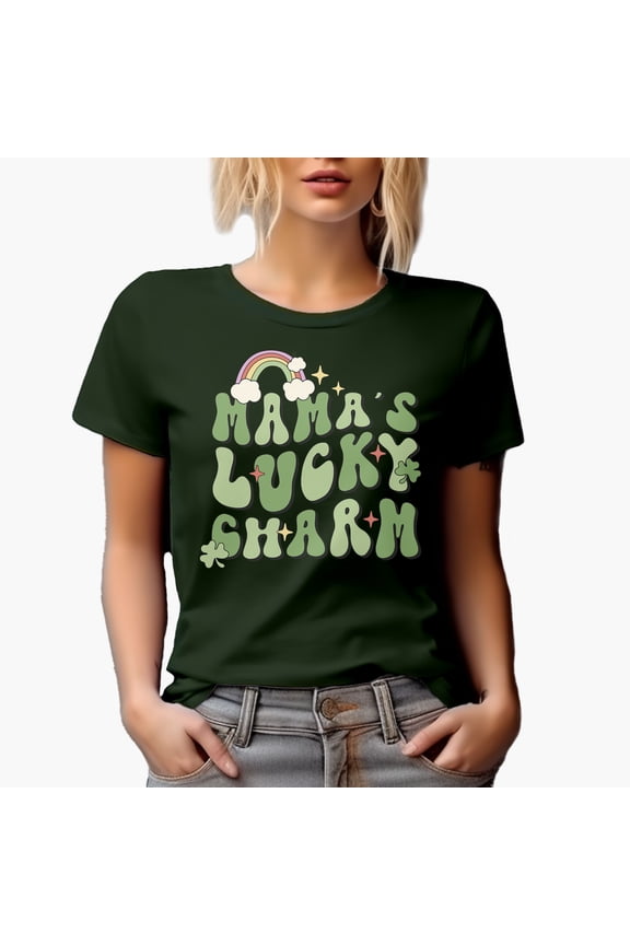 Mama's Lucky Charm, Retro Groovy Wavy Text St. Patrick's Day Art Merch Gift, Military Green T-Shirt, Large