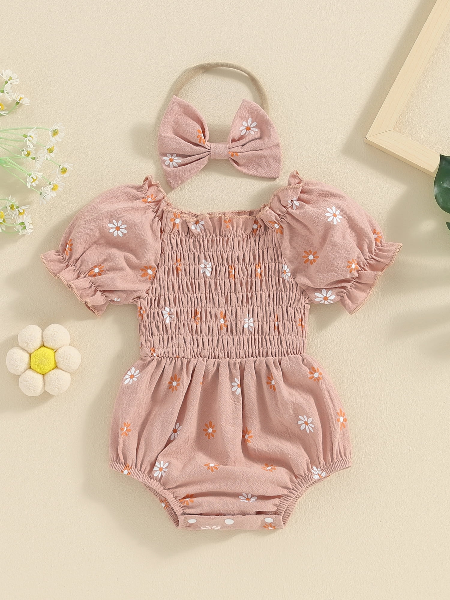 Infant Baby Girl Romper With Headband - Floral Off-Shoulder Summer Outfit