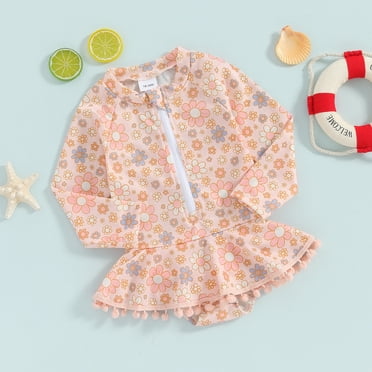 Mama's sunshine Girl Summer Swimsuit Cute Floral Print Long Sleeve Rash Guard Bathing Suit Toddler Swim Dress