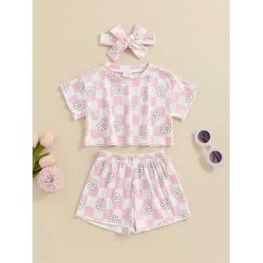 Mama's sunshine Girls Summer Short Sleeve Crewneck Floral Checkerboard Print Tops Shorts Headband Sets