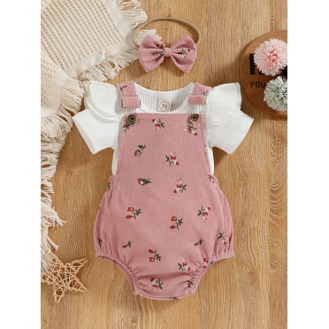 Mama's sunshine Infant Baby Girl Summer Clothes, Solid Color Fly Sleeve Round Neck Tops   Flower Pattern Suspender Jumpsuit   Bow Headband