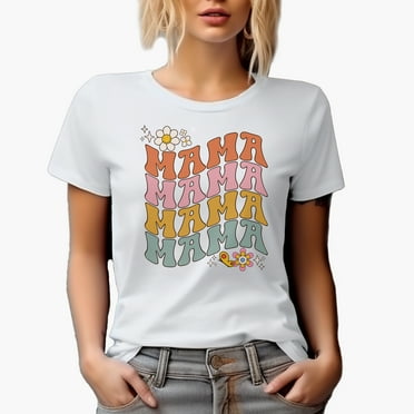 Mama with Cute Flowers & Butterfly, Mother's Day Themed, Groovy Retro Wavy Text Merch Gift, White T-Shirt, Small