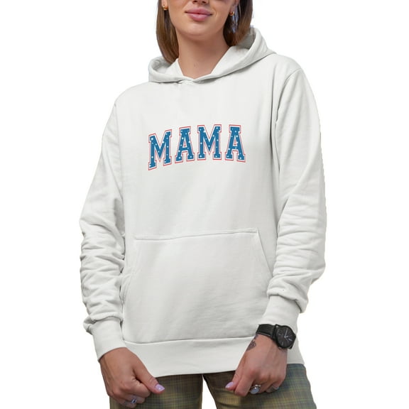 Mama with USA Flag Stars Art, 4th of July Merch Gift, White Hooded Sweatshirt or Hoodie, Small