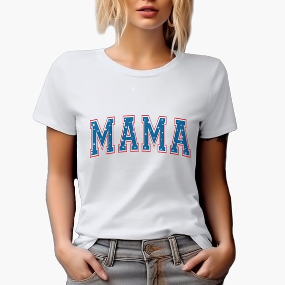 Mama with USA Flag Stars Art, 4th of July Merch Gift, White T-Shirt, Small