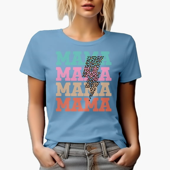 Mama with a Leopard Print Lightning Mother's Day Art Merch Gift, Baby Blue T-Shirt, Small