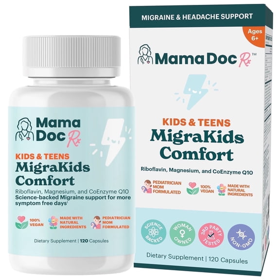 MamaDoc Rx MigraKids Comfort | Teen and Kids Migraine Relief | Riboflavin, Magnesium & CoEnzyme Q10 | Kids and Teens, Ages 6+ | 120 Capsules