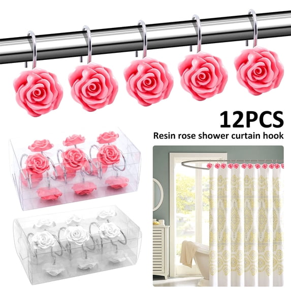 Mamamax 12 Pcs Shower Curtain Hooks,Rustproof Shower Curtain Hooks Resin Rose Flower Shower Hooks Rings for Bathroom Shower Rods Curtains (white)