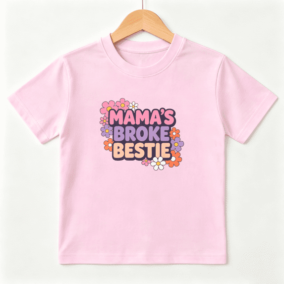 Mamas Broke Bestie Girls Graphic Tee, Funny Mother Day 100% Cotton Kids Short Sleeve T-Shirt
