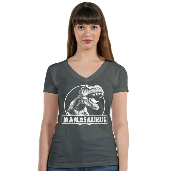 Mamasaurus Funny Mother Dinosaur T-Rex Head Women's V-neck, L, Charcoal