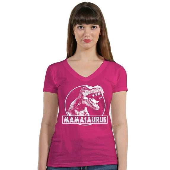Mamasaurus Funny Mother Dinosaur T-Rex Head Women's V-neck, S, Pink