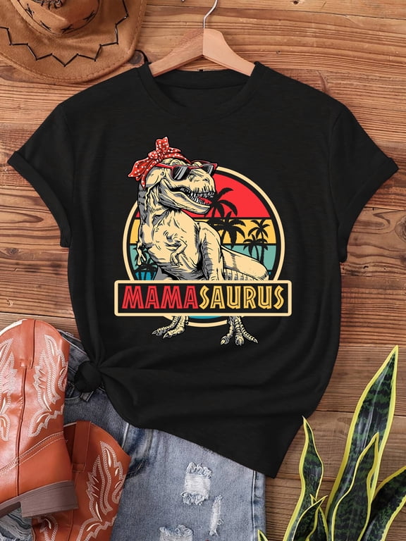 Mamasaurus T-Rex Dinosaur Family Matching Print Short Sleeve Crew Neck Casual T-Shirt, Breathable Women’s Spring Summer Top