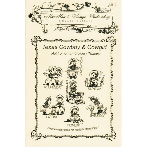 Mamaw's Vintage Embroidery Texas Cowboy & Cowgirl Embroidery Transfers Paper