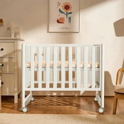 Mamazing 7-in-1 Convertible Baby Crib with mattress, 4 Adjustable Heights Pinewood Foldable Infant Cradle Converts to Twin Bed Playpen Mini Sofa
