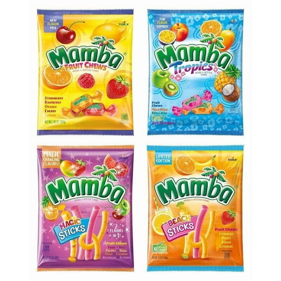 Mamba Chewy Fruit Candy - 4-Pack Variety (Beach, Magic, Fruit, Tropics), 26.7 oz Total (2  6.3 oz + 2  7.05 oz)