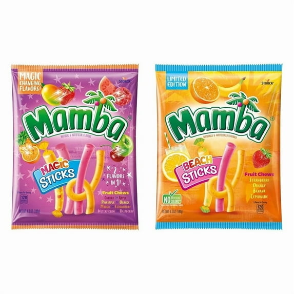 Mamba Chewy Fruit Candy - Sticks Combo 2-Pack (Beach Limited Edition + Magic Sticks), 2 × 6.3 oz (12.6 oz Total)