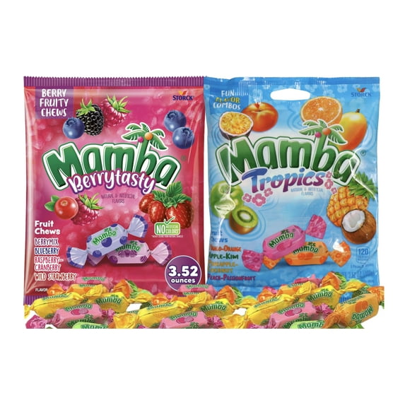 Mamba Fruit Chews – Berrytasty & Tropics Assorted Flavors, Individually Wrapped Chewy Candy – Mango-Orange, Apple-Kiwi, Pineapple, Berry, Coconut, Peach-Passion Fruit