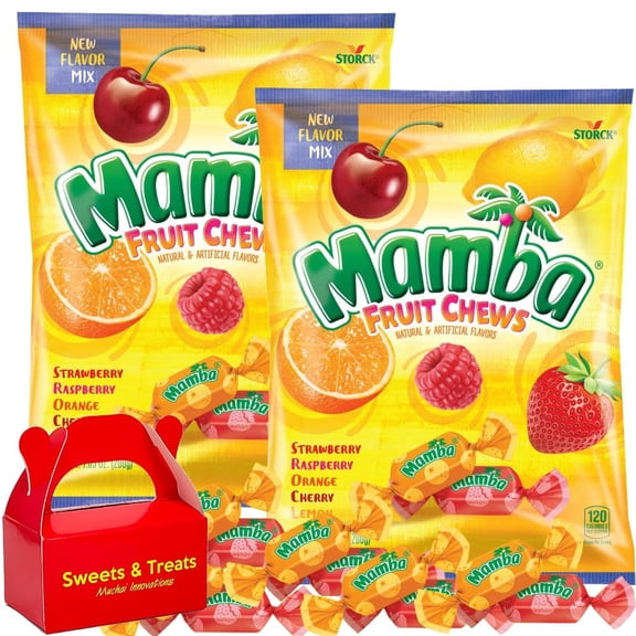 Mamba Fruit Chewy Candy, Assorted Fruit Flavors, Individually Wrapped, Party Favors, Piata, Birthday, Easter Goodie Bag Candy, 4 Pack (Strawberry, Raspberry, Lemon, Cherry)