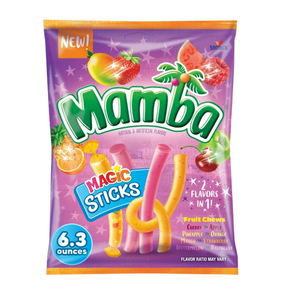 Mamba Magic Sticks Fruit Flavored Chewy Candy 6.3oz, 2 in 1 Flavor Fruit Chew- Individually Wrapped On the Go Candies for Snacking Halloween Trick or Treats Christmas Stockings Party Favor 1 BAG