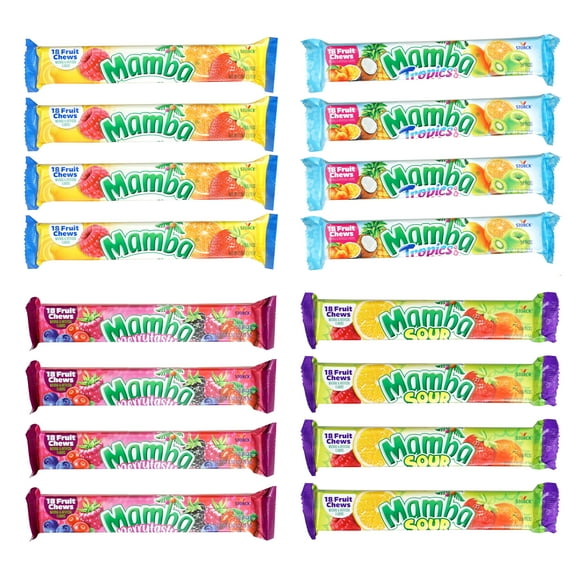 Mamba Sticks Snack Variety Pack, 16 Pack Mamba Candy, Original, Tropics, Sour, Tropics, Berrytasty