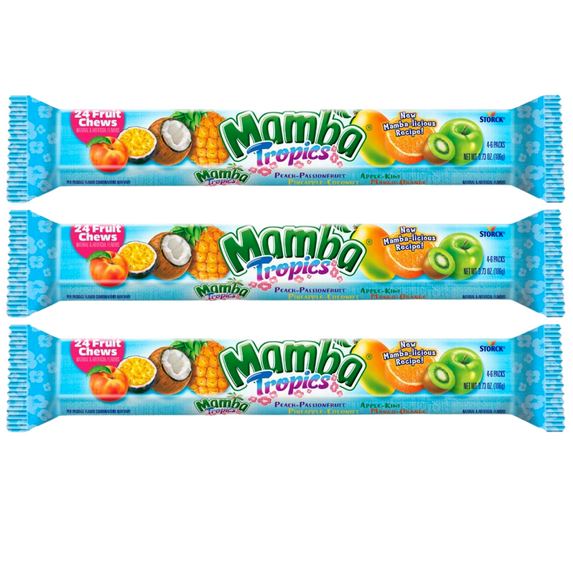 Mamba Tropics 24 Fruit Chews Candy Individually Wrapped Mixed Flavors Assortment Bag Party Favors Treats Stocking Stuffer Gifts on Birthday Halloween Christmas Thanksgiving, 3.73oz - Pack of 3